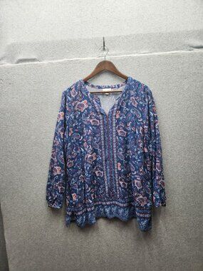 J.Jill Blue Paisley Print Tunic Top XL 100% Rayon Long Sleeve Relaxed Fit